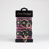 Черные кожаные наручники с розовой строчкой - Crazy Handmade - купить с доставкой в Серпухове