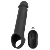 Черная вибронасадка для пениса с хомутом для мошонки и пультом ДУ Remote Controlled Penis Extension - Orion - в Серпухове купить с доставкой