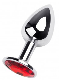 Маленькая коническая серебристая анальная пробка с красным кристаллом - 7 см. - ToyFa - купить с доставкой в Серпухове