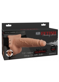 Телесный полый страпон с имитацией эякуляции 7.5  Hollow Squirting Strap-On with Balls Flesh - 21,6 см. - Pipedream - купить с доставкой в Серпухове