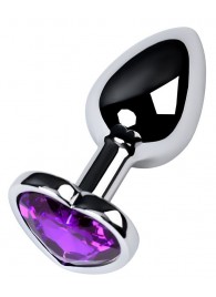 Серебристая коническая анальная пробка с фиолетовым кристаллом-сердечком - 7 см. - ToyFa - купить с доставкой в Серпухове