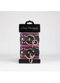 Черные кожаные наручники с розовой строчкой - Crazy Handmade - купить с доставкой в Серпухове