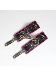 Черные кожаные наручники с розовой строчкой - Crazy Handmade - купить с доставкой в Серпухове