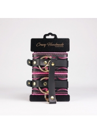 Черные кожаные оковы с розовой строчкой - Crazy Handmade - купить с доставкой в Серпухове