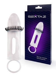 Закрытая насадка на пенис с подхватом мошонки и стимулирующими «ресничками» - Sextaz - в Серпухове купить с доставкой