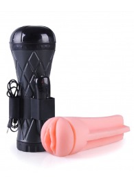 Телесный мастурбатор-вагина в черной колбе с вибрацией - Boys of Toys - в Серпухове купить с доставкой
