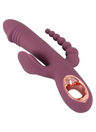 Сливовый вибратор с клиторальным отростком и анальным хвостом Slim Triple Plum - 21,4 см. - Orion