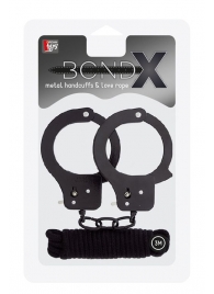 Чёрные наручники из листового металла в комплекте с веревкой BONDX METAL CUFFS LOVE ROPE SET - Dream Toys - купить с доставкой в Серпухове