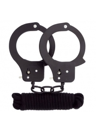 Чёрные наручники из листового металла в комплекте с веревкой BONDX METAL CUFFS LOVE ROPE SET - Dream Toys - купить с доставкой в Серпухове