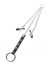 Серебристо-чёрные зажимы для сосков с кольцом для пениса TOYFA Metal - ToyFa - купить с доставкой в Серпухове