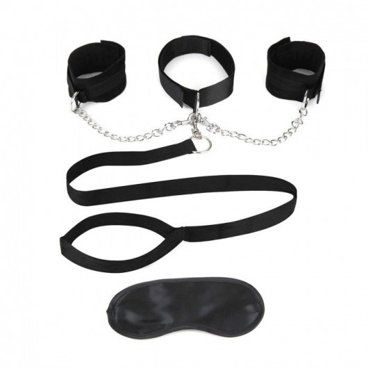 Чёрный ошейник с наручниками и поводком Collar Cuffs   Leash Set - Lux Fetish - купить с доставкой в Серпухове