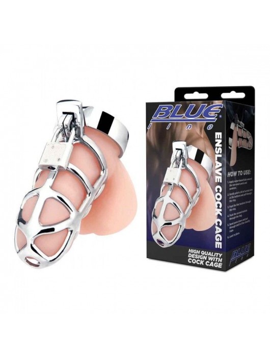 Серебристая металлическая клетка для члена с замком Enslave Cock Cage - BlueLine - купить с доставкой в Серпухове