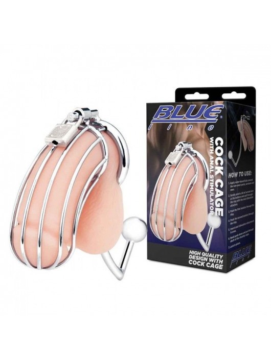 Серебристая металлическая клетка с анальным стимулятором Cock Cage - BlueLine - купить с доставкой в Серпухове