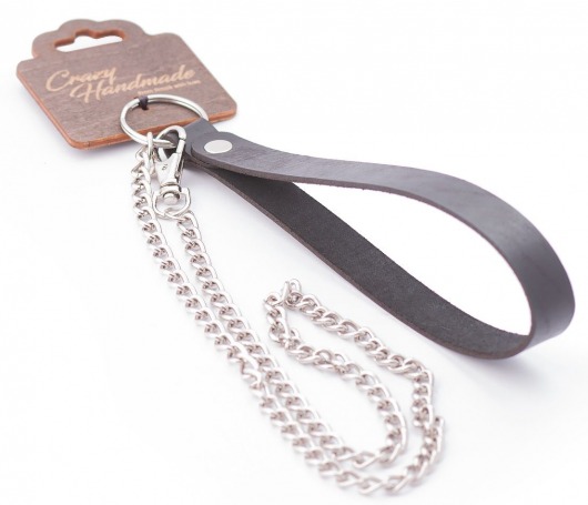 Серебристый металлический поводок с кожаной черной ручкой - 80 см. - Crazy Handmade - купить с доставкой в Серпухове