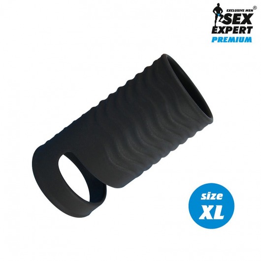 Черная открытая насадка на пенис с кольцом для мошонки XL-size - 8,9 см. - Sex Expert - в Серпухове купить с доставкой