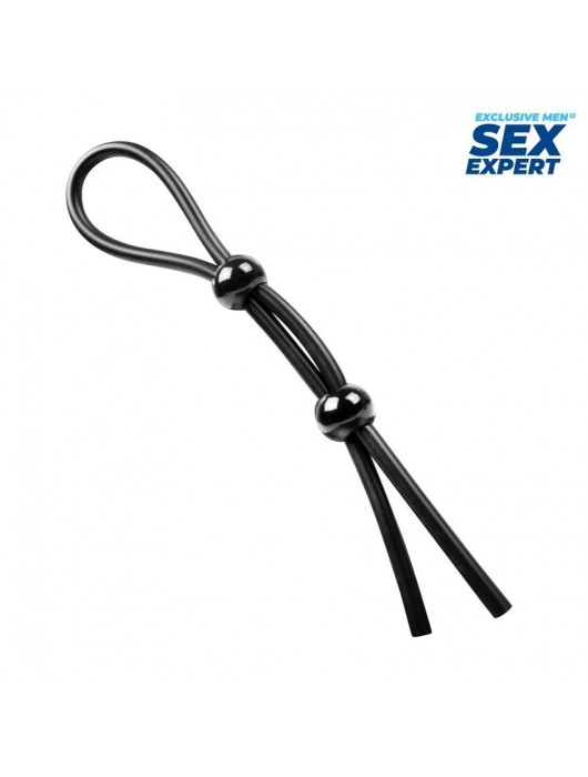 Черное силиконовое лассо с двумя шариками для утяжки - Sex Expert - в Серпухове купить с доставкой
