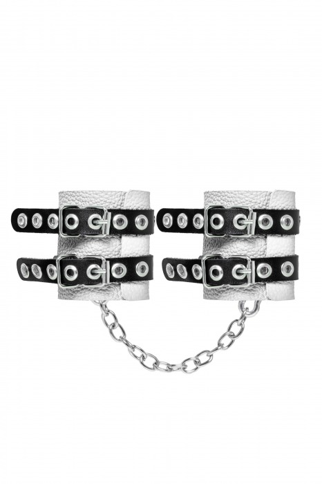 Бело-черные наручники с двумя ремешками и люверсами - Pecado - купить с доставкой в Серпухове