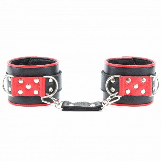 Широкие черные наручники с красным декором - БДСМ Арсенал - купить с доставкой в Серпухове