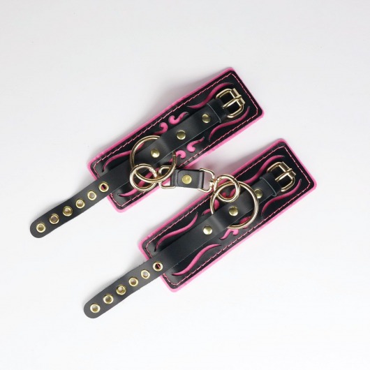 Черные кожаные наручники с розовой строчкой - Crazy Handmade - купить с доставкой в Серпухове