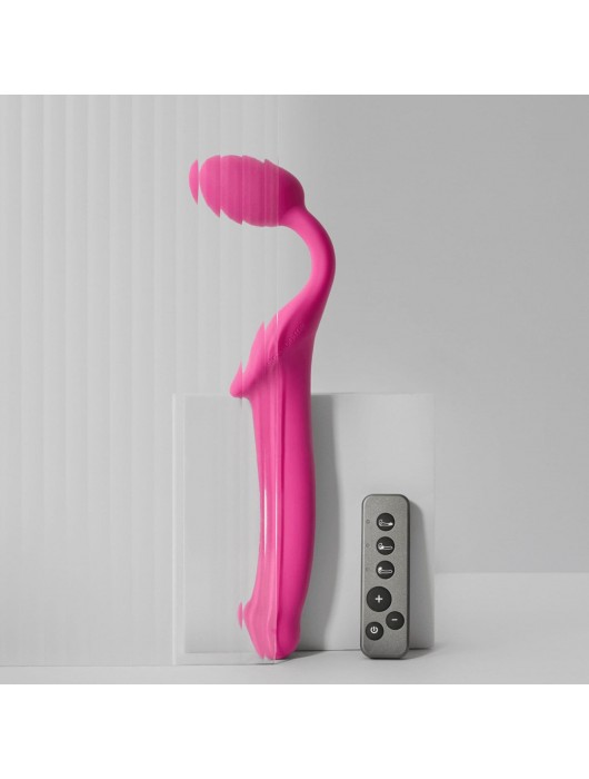 Ярко-розовый безремневой страпон Strap-on-me Vibrating Bendable Strap-On size L - Strap-on-me - купить с доставкой в Серпухове