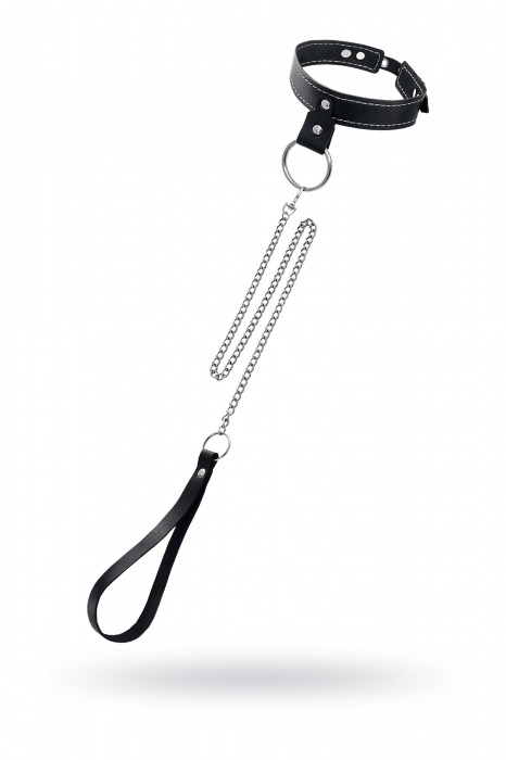 Черный узкий однослойный ошейник с серебристым поводком-цепочкой - Pecado - купить с доставкой в Серпухове