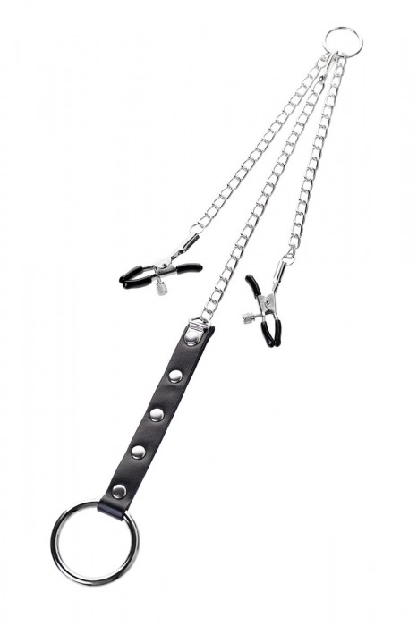 Серебристо-чёрные зажимы для сосков с кольцом для пениса TOYFA Metal - ToyFa - купить с доставкой в Серпухове